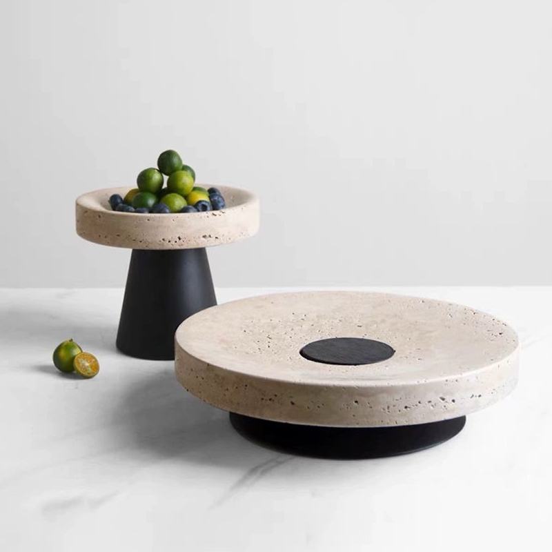 Marble Serving Board - Beige Travertine Tray with Metal Base