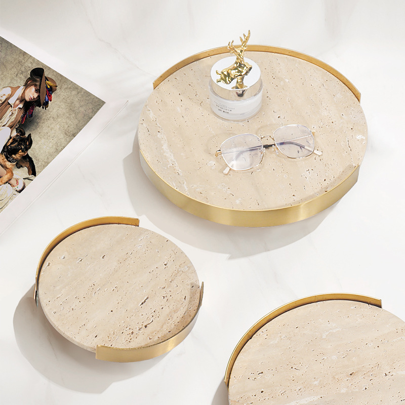 Marble Serving Board - Round Beige Brown Travertine Plate Hotel