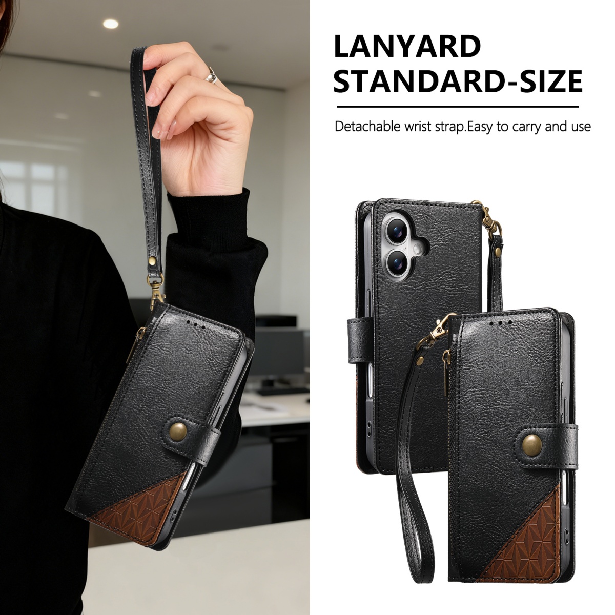 PU Leather Zipper Wrist Strap  - Leather Card Wallet 评论和价格